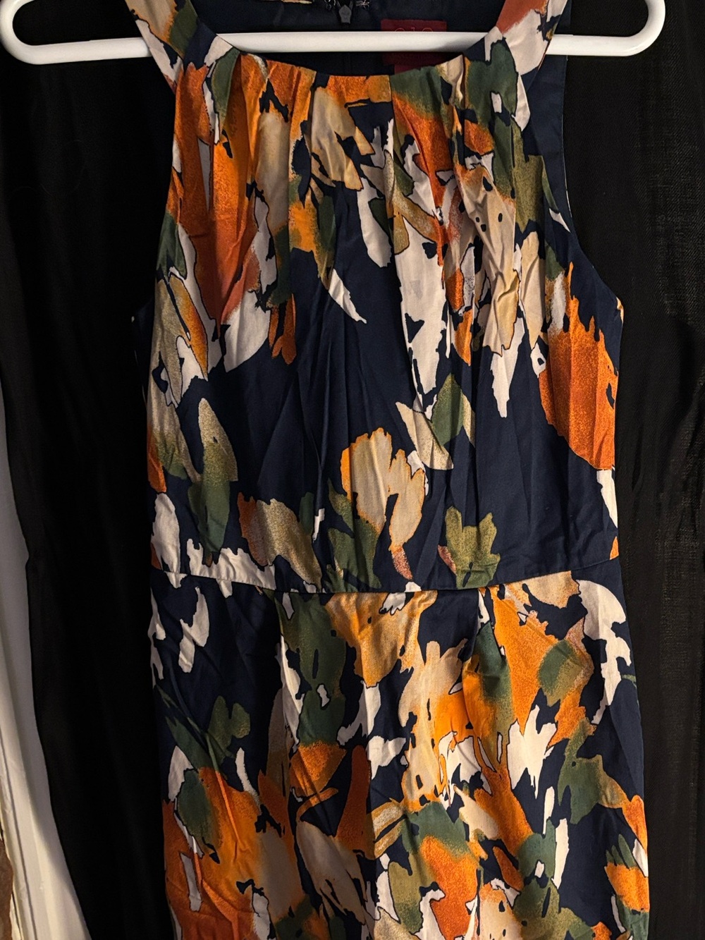 212 Collection Navy Dress with Orange, Green & Cream Floral Print- size 10